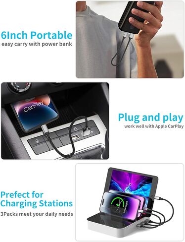 كابل شحن iPhone قصير مقاس 6 بوصات، 3 عبوات بطول 0.5 قدم USB إلى كابل Lightning للشحن السريع، [معتمد من MFi] سلك شاحن iPhone صغير مضفر لأجهزة Apple iPhone 14 13 12 11 Pro Max XR XS 8 SE وiPad Air Mini in Kuwait