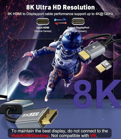 كابل HDMI 8K إلى DisplayPort بطول 6 أقدام (4K@120 هرتز، 2K@144 هرتز) HDMI أحادي الاتجاه لعرض محول منفذ HDMI نشط (المصدر) إلى سلك DP (الشاشة) متوافق مع الكمبيوتر الشخصي، وبطاقة الرسومات، وأجهزة الكمبيوتر المحمولة، وPS5 in Kuwait
