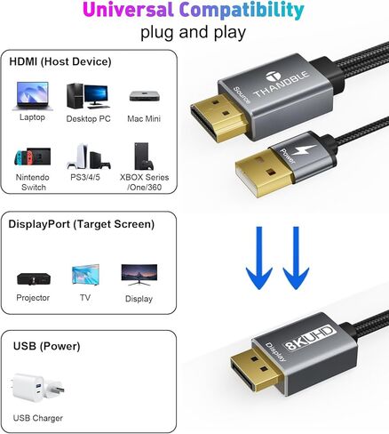 كابل HDMI 8K إلى DisplayPort بطول 6 أقدام (4K@120 هرتز، 2K@144 هرتز) HDMI أحادي الاتجاه لعرض محول منفذ HDMI نشط (المصدر) إلى سلك DP (الشاشة) متوافق مع الكمبيوتر الشخصي، وبطاقة الرسومات، وأجهزة الكمبيوتر المحمولة، وPS5 in Kuwait