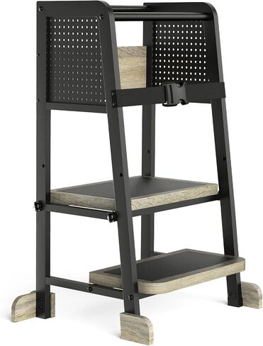 Kitchen Step Stool for Kids, Learning Tower for Toddlers 1-3, Kitchen Tower with Anti-Slip Mat and Adjustable Stand, Wood Metal Standing Stool for Counter, Light Brown and Black in Saudi Arabia