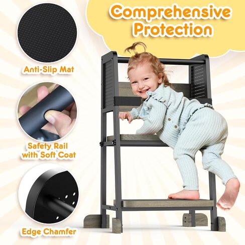 Kitchen Step Stool for Kids, Learning Tower for Toddlers 1-3, Kitchen Tower with Anti-Slip Mat and Adjustable Stand, Wood Metal Standing Stool for Counter, Light Brown and Black in Saudi Arabia