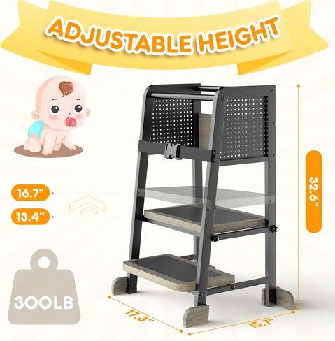 Kitchen Step Stool for Kids, Learning Tower for Toddlers 1-3, Kitchen Tower with Anti-Slip Mat and Adjustable Stand, Wood Metal Standing Stool for Counter, Light Brown and Black in Saudi Arabia