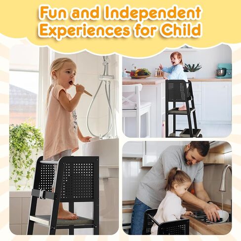 Kitchen Step Stool for Kids, Learning Tower for Toddlers 1-3, Kitchen Tower with Anti-Slip Mat and Adjustable Stand, Wood Metal Standing Stool for Counter, Light Brown and Black in Saudi Arabia