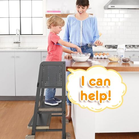 Kitchen Step Stool for Kids, Learning Tower for Toddlers 1-3, Kitchen Tower with Anti-Slip Mat and Adjustable Stand, Wood Metal Standing Stool for Counter, Light Brown and Black in Saudi Arabia