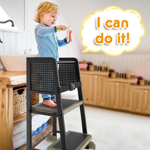 Kitchen Step Stool for Kids, Learning Tower for Toddlers 1-3, Kitchen Tower with Anti-Slip Mat and Adjustable Stand, Wood Metal Standing Stool for Counter, Light Brown and Black in Saudi Arabia