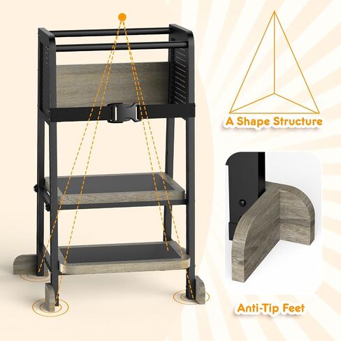 Kitchen Step Stool for Kids, Learning Tower for Toddlers 1-3, Kitchen Tower with Anti-Slip Mat and Adjustable Stand, Wood Metal Standing Stool for Counter, Light Brown and Black in Saudi Arabia