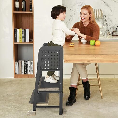 Kitchen Step Stool for Kids, Learning Tower for Toddlers 1-3, Kitchen Tower with Anti-Slip Mat and Adjustable Stand, Wood Metal Standing Stool for Counter, Light Brown and Black in Saudi Arabia