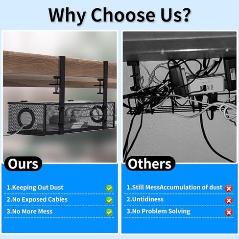 لا يوجد ثقب لإدارة الكابلات تحت المكتب، لا يسبب أي ضرر للمكتب تحت صندوق إدارة الكابلات مع غطاء شبكة معدنية لإدارة الكابلات مع مشبك تثبيت (أسود) in Kuwait