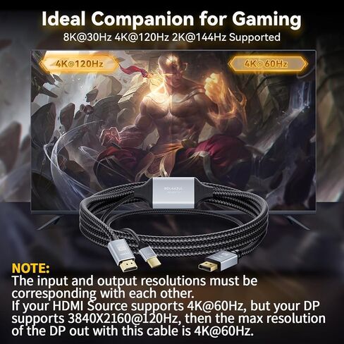 BolAAzuL HDMI 2.1 إلى كابل محول DisplayPort أحادي الاتجاه، من مصدر HDMI إلى شاشة عرض المنفذ، وليس Displayport إلى HDMI، يدعم 8K@30 هرتز 4K@120 هرتز 2K@144 هرتز، يعمل بمنفذ USB، مضفر، 2 متر in Kuwait