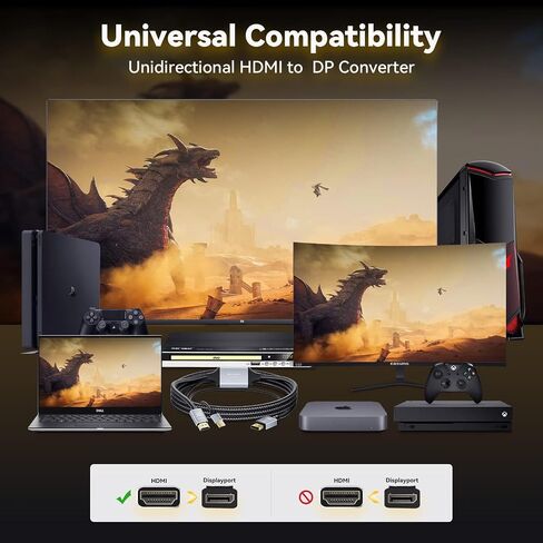 BolAAzuL HDMI 2.1 إلى كابل محول DisplayPort أحادي الاتجاه، من مصدر HDMI إلى شاشة عرض المنفذ، وليس Displayport إلى HDMI، يدعم 8K@30 هرتز 4K@120 هرتز 2K@144 هرتز، يعمل بمنفذ USB، مضفر، 2 متر in Kuwait