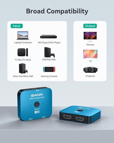 GANA HDMI 2.1 Switch, 8K HDMI Switcher Splitter 2 in 1 Out, Supports 4K@120Hz,8K@60Hz, 48Gbps Aluminum Bi-Directional Ultra HD HDMI Hub Compatible with PS5/4,Xbox,Roku,Apple TV,Fire Stick in Saudi Arabia