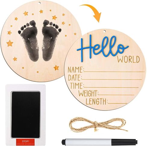 Baby Announcement Sign Plate, 5.9in Wooden Newborn Disc Board with Ink Pad for Hand & Footprints Hello Birth Plaque Gift for World New Parents Nursery Photo Prop Baby Disc Circle (Blue) in Saudi Arabia