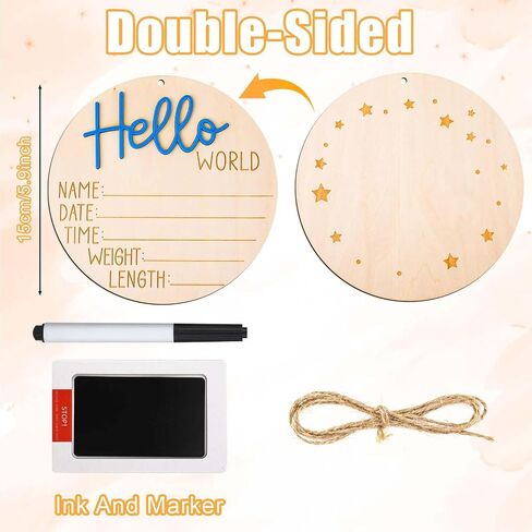Baby Announcement Sign Plate, 5.9in Wooden Newborn Disc Board with Ink Pad for Hand & Footprints Hello Birth Plaque Gift for World New Parents Nursery Photo Prop Baby Disc Circle (Blue) in Saudi Arabia