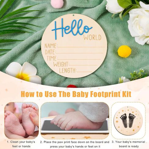 Baby Announcement Sign Plate, 5.9in Wooden Newborn Disc Board with Ink Pad for Hand & Footprints Hello Birth Plaque Gift for World New Parents Nursery Photo Prop Baby Disc Circle (Blue) in Saudi Arabia