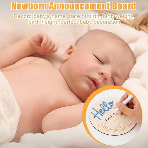 Baby Announcement Sign Plate, 5.9in Wooden Newborn Disc Board with Ink Pad for Hand & Footprints Hello Birth Plaque Gift for World New Parents Nursery Photo Prop Baby Disc Circle (Blue) in Saudi Arabia