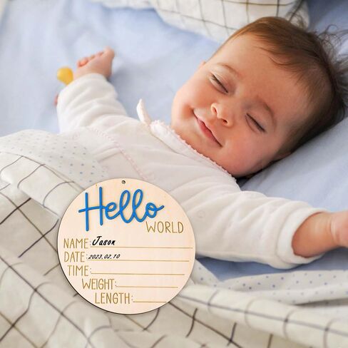 Baby Announcement Sign Plate, 5.9in Wooden Newborn Disc Board with Ink Pad for Hand & Footprints Hello Birth Plaque Gift for World New Parents Nursery Photo Prop Baby Disc Circle (Blue) in Saudi Arabia