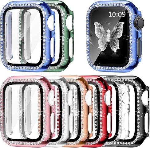 8 عبوات من الحافظة اللامعة المتوافقة مع واقي الشاشة لساعة Apple Watch 44mm SE Series 6 5 4، غطاء ممتص للصدمات من البولي كربونات الصلب المدمج في ملحقات الساعة الذكية من الزجاج المقسى للنساء والفتيات iwatch 44MM in Saudi Arabia