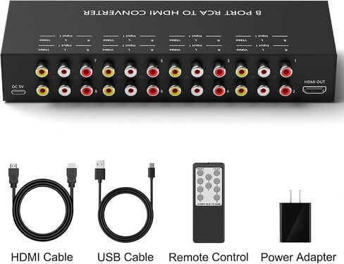محول Y.D.F 8 منافذ RCA إلى HDMI 8 طرق RCA مركب CVBS AV إلى محول HDMI يدعم محول 4:3/16:9، لكاميرا Sega Xbox PS1 PS2 PS3 N64 NGC SNES WII VHS VCR DVD in Kuwait