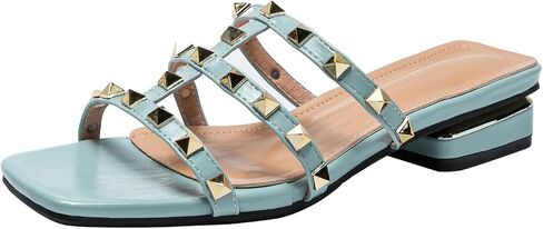 Women's Leather E-Strap Low Block Heel Slide Sandal Summer Slip On Square Open Toe Anti-Slip Fashion Flat Gladiator Dress Slides for Party Walking Sandal in Saudi Arabia