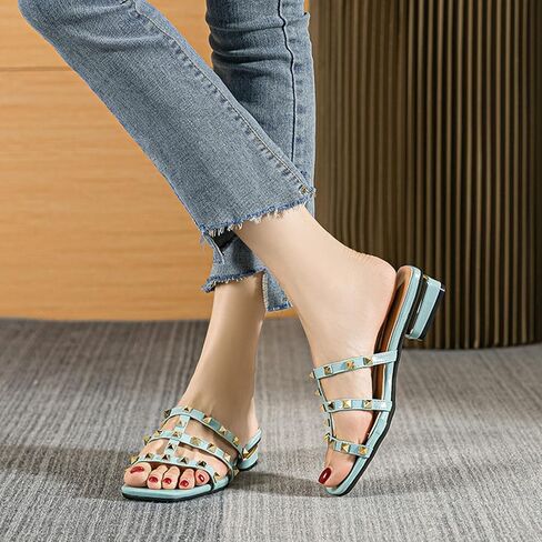 Women's Leather E-Strap Low Block Heel Slide Sandal Summer Slip On Square Open Toe Anti-Slip Fashion Flat Gladiator Dress Slides for Party Walking Sandal in Saudi Arabia