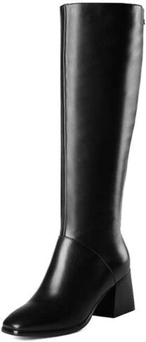 TinaCus Genuine Leather Women's Square Toe Mid Chunky Heel Handmade Side Zip Up Knee High Boots in Saudi Arabia