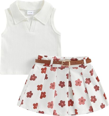 Toddler Girl Summer Clothes Solid Ribbed Knit Tank Tops Floral Print Pleated Mini Skirts with Belt 2Pcs Outfits Set in Saudi Arabia