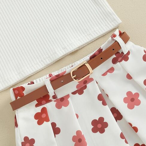 Toddler Girl Summer Clothes Solid Ribbed Knit Tank Tops Floral Print Pleated Mini Skirts with Belt 2Pcs Outfits Set in Saudi Arabia