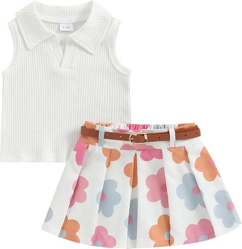 Toddler Girl Summer Clothes Solid Ribbed Knit Tank Tops Floral Print Pleated Mini Skirts with Belt 2Pcs Outfits Set in Saudi Arabia