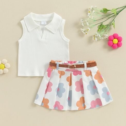 Toddler Girl Summer Clothes Solid Ribbed Knit Tank Tops Floral Print Pleated Mini Skirts with Belt 2Pcs Outfits Set in Saudi Arabia