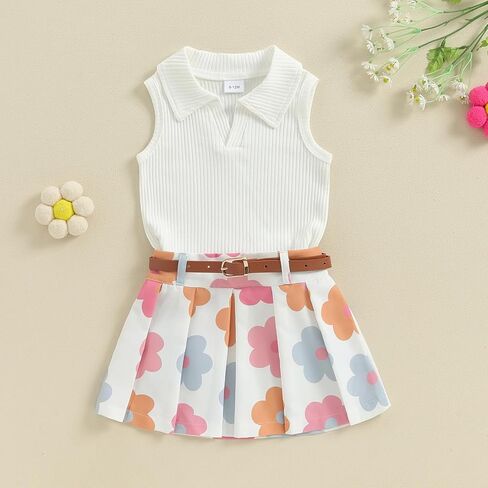 Toddler Girl Summer Clothes Solid Ribbed Knit Tank Tops Floral Print Pleated Mini Skirts with Belt 2Pcs Outfits Set in Saudi Arabia
