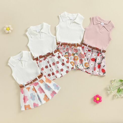 Toddler Girl Summer Clothes Solid Ribbed Knit Tank Tops Floral Print Pleated Mini Skirts with Belt 2Pcs Outfits Set in Saudi Arabia