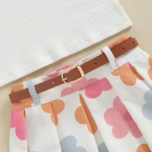 Toddler Girl Summer Clothes Solid Ribbed Knit Tank Tops Floral Print Pleated Mini Skirts with Belt 2Pcs Outfits Set in Saudi Arabia