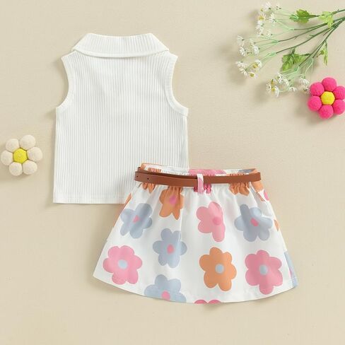 Toddler Girl Summer Clothes Solid Ribbed Knit Tank Tops Floral Print Pleated Mini Skirts with Belt 2Pcs Outfits Set in Saudi Arabia