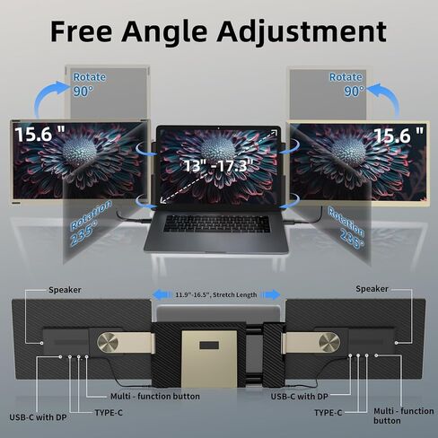 Laptop Screen Extender Triple Monitor - 15.6" Portable Monitor 85% NTSC FHD 1080P IPS 235° Rotation Detachable Screen Design Extra Screen compatible with Mac Wins Dex Chrome Fits 13"-17" Laptops in Saudi Arabia