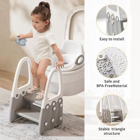 Two Step Stool with Handrails for Toddler and Kids, Standing Learning Stool Tower for Bathroom Sink, Potty Training, Children Step Up Learning Helper with Handles and Safety Non-Slip Pads(Gray) in Saudi Arabia