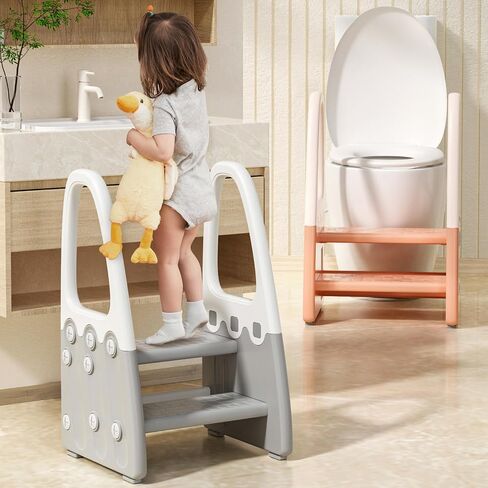 Two Step Stool with Handrails for Toddler and Kids, Standing Learning Stool Tower for Bathroom Sink, Potty Training, Children Step Up Learning Helper with Handles and Safety Non-Slip Pads(Gray) in Saudi Arabia
