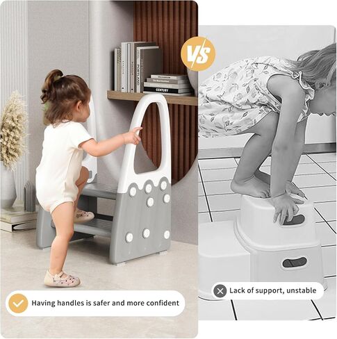 Two Step Stool with Handrails for Toddler and Kids, Standing Learning Stool Tower for Bathroom Sink, Potty Training, Children Step Up Learning Helper with Handles and Safety Non-Slip Pads(Gray) in Saudi Arabia