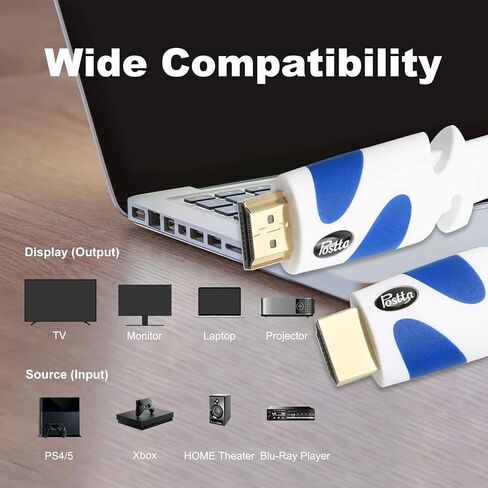 Postta Flat HDMI Cable 40 Feet Flat HDMI 2.0 Cord Support 4K, 3D, 2160p, 1080p, Ethernet and Audio Return-White-Blue in Saudi Arabia