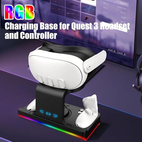 MOSHOU Charging Base for Meta Quest 3 VR, Wireless Charging Stand with RGB Lights, Charging Base for Quest 3 Headset and Controller, 2 Rechargeable Batteries for Oculus/Meata Quest 3 (White) in Kuwait