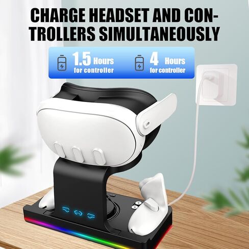 MOSHOU Charging Base for Meta Quest 3 VR, Wireless Charging Stand with RGB Lights, Charging Base for Quest 3 Headset and Controller, 2 Rechargeable Batteries for Oculus/Meata Quest 3 (White) in Kuwait