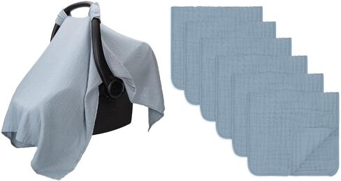 غطاء مقعد سيارة للأطفال مصنوع من قطن الموسلين وقطعة قماش للتجشؤ من الموسلين مكونة من 6 قطع، باللون الأزرق الهادئ مجمعة من Comfy Cubs in Kuwait