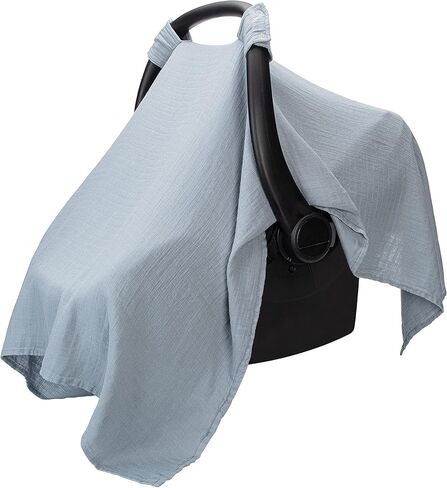 غطاء مقعد سيارة للأطفال مصنوع من قطن الموسلين وقطعة قماش للتجشؤ من الموسلين مكونة من 6 قطع، باللون الأزرق الهادئ مجمعة من Comfy Cubs in Kuwait