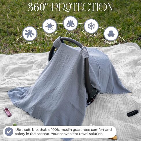 غطاء مقعد سيارة للأطفال مصنوع من قطن الموسلين وقطعة قماش للتجشؤ من الموسلين مكونة من 6 قطع، باللون الأزرق الهادئ مجمعة من Comfy Cubs in Kuwait