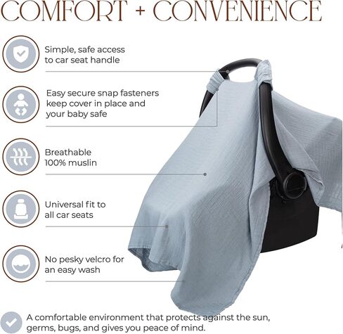 غطاء مقعد سيارة للأطفال مصنوع من قطن الموسلين وقطعة قماش للتجشؤ من الموسلين مكونة من 6 قطع، باللون الأزرق الهادئ مجمعة من Comfy Cubs in Kuwait