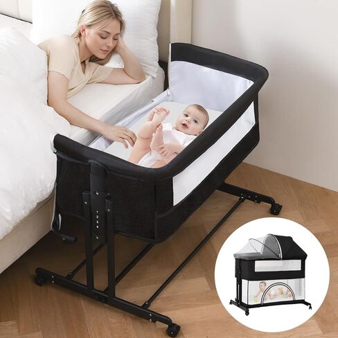 Baby Bassinet, Playpen for Baby, 3 in 1 Bedside Bassinet with Quickly Adjustable Height,Mosquito Net, Easy Folding Portable Bedside Sleeper for Infant Newborn in Saudi Arabia