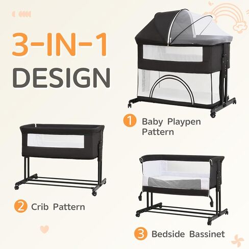 Baby Bassinet, Playpen for Baby, 3 in 1 Bedside Bassinet with Quickly Adjustable Height,Mosquito Net, Easy Folding Portable Bedside Sleeper for Infant Newborn in Saudi Arabia