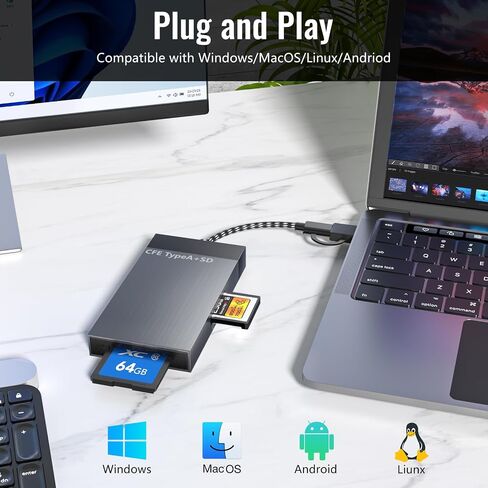 قارئ بطاقات الذاكرة CFexpress Type A وSD ثنائي الفتحات، قارئ بطاقات USB 3.1 ثنائي الفتحات بسرعة 10 جيجابت في الثانية، قارئ بطاقات CF، SDHC، SD، SDXC، قارئ بطاقات الذاكرة متوافق مع أنظمة التشغيل Windows/Mac OS/Linux/Android in Kuwait