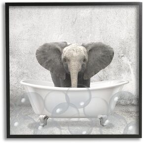 Stupell Industries Baby Elephant Bath Time Cute Animal, Design by Kimberly Allen Black Framed Wall Art, 24x24, Gray