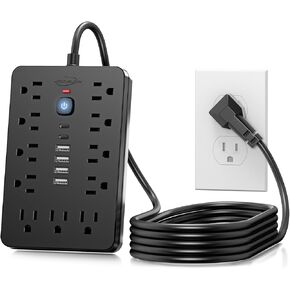 6 FT Flat Plug Surge Protector Power Strip,11 Multiple AC Outlets with 6 USB Ports (2 USB C), 6 Feet Extension Cord, 1875W/15A, One touch switch button, 17 in 1 Compact powerstrip