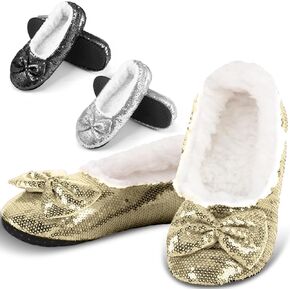 3 Pairs Women Ballerina Sequin Slippers, Bling Slippers Winter House Socks Sparkly Slippers Ruby Slippers with Grippers for Women's gift